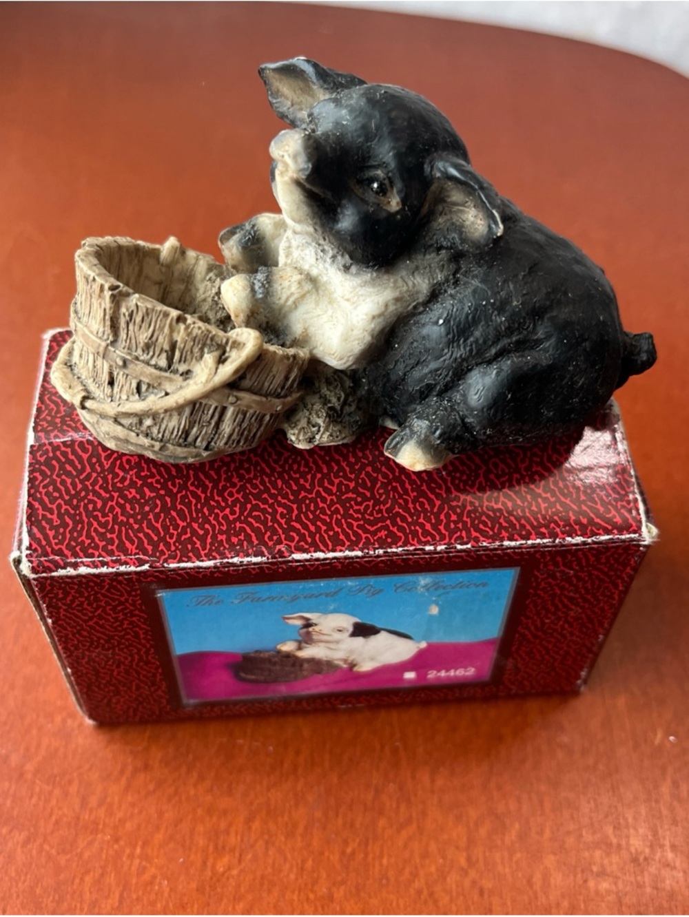 Vintage Porcelain Black & White Pig Figurine with Woven Basket Farm Model 24462